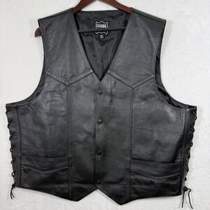 Genuine Leather Mens Biker Vest Black Side Lace Snap Front Sz52 Made in Pakistan